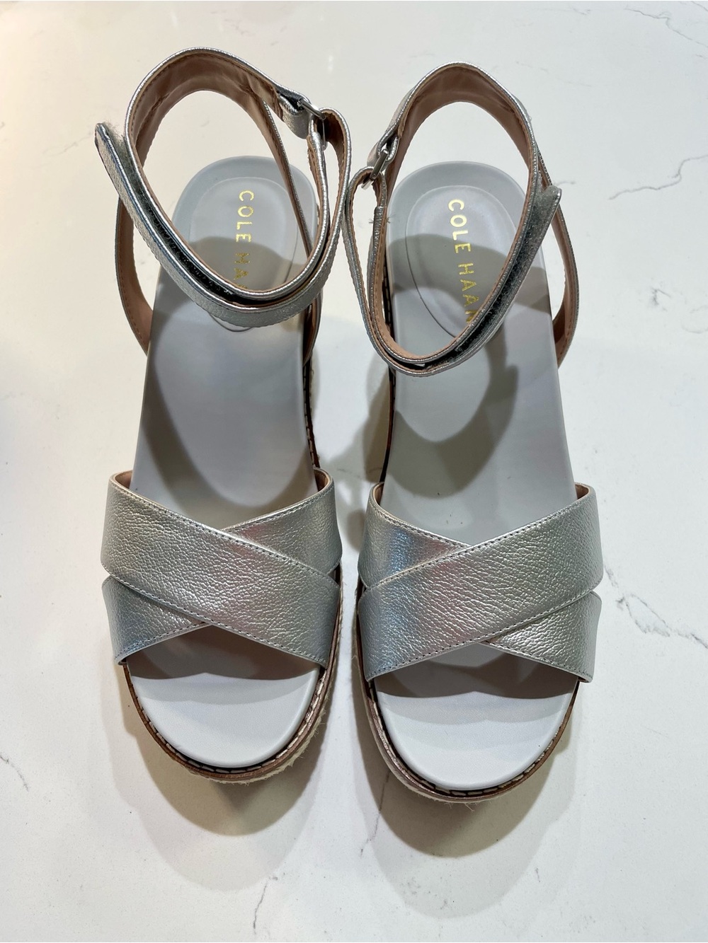 Cole Haan Silver Wedge Espadrille Sandals with Ankle Strap - Picture 3 of 6